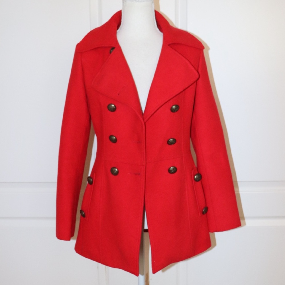 MaxMara Red Military Style Wool Blend Pea Coat Size Small